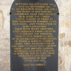 P3060031_03 The Memorial plaque to 207 Squadron, RAF, mounted on wall of south transept, St Mary the Virgin parish church, Bottesford. | Neil Fortey