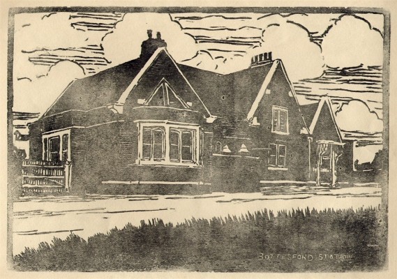 BLHS_linocut_BottesfordStation1 A View of Bottesford Station Building.