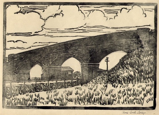 BLHS_linocut_railwaybridge1 The former Three-Arch-Bridge, a linocut made in about 1936. | Bottesford Local History Society Archive
