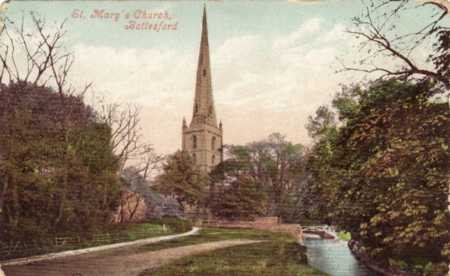Colour postcard church and ford Colour postcard church and ford