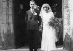 wedding, couple emerging from west door of church