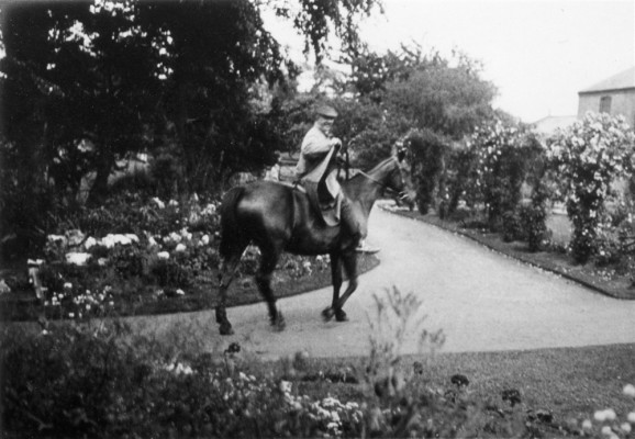 Horse and rider on path in formal gardens