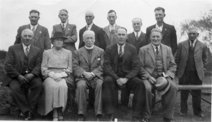 A copy of the photograph displayed in the club room of Bottesford Bowls Club, Belvoir Road. The occasion is the opening of the Bowls Club in 1947/1948. John Thomas Ravell is standing, third from the left. | Bottesford Heritage Archive BOT/014/122. From the collection of Angela Marsh