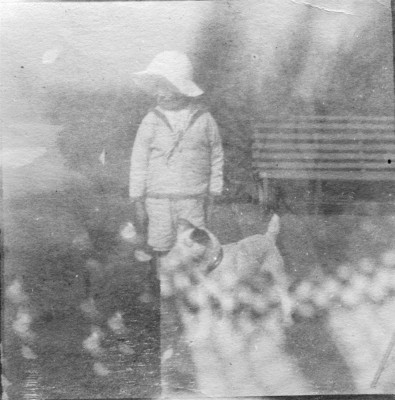 A poor picture of a boy and his dog