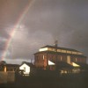 Bottesford Station grain store, rainbow in sky
