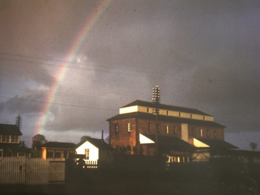 Bottesford Station grain store, rainbow in sky