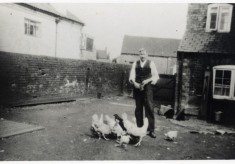 Reg Barke with chickens in yard at Bottesford Coffee House, during WW2