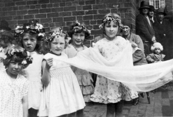 May Day queen's attendants, in village school yard