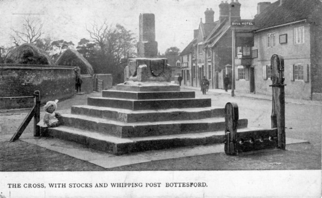 Old postcard, Cross and Stocks, Bull and Acacia Farm in background