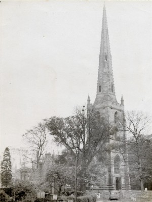 Old postcard of Bottesford church spire seen from NW
