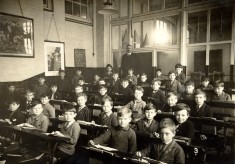 School picture, boys in classroom with teacher, possibly Bottesford village school