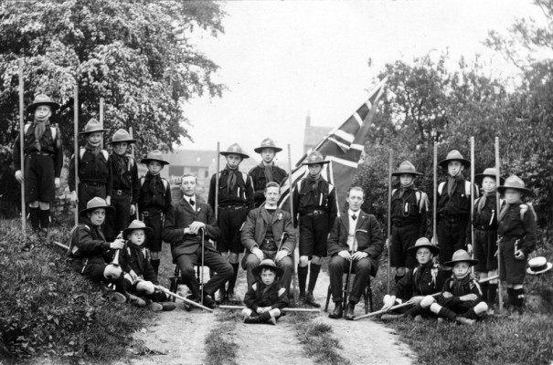 Bottesford Scouts with Canon Vincent-Jackson (seated, centre), possibly in Albert Street, Bottesford