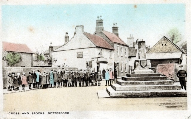 Children in Market Street and Market Cross, Bottesford, old postcard