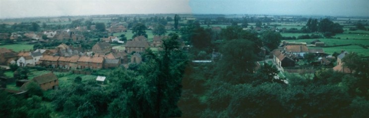 Panorama from Bottesford church tower looking west with The Green (R) and The Square (L ) Enhanced by Richard Bradshaw