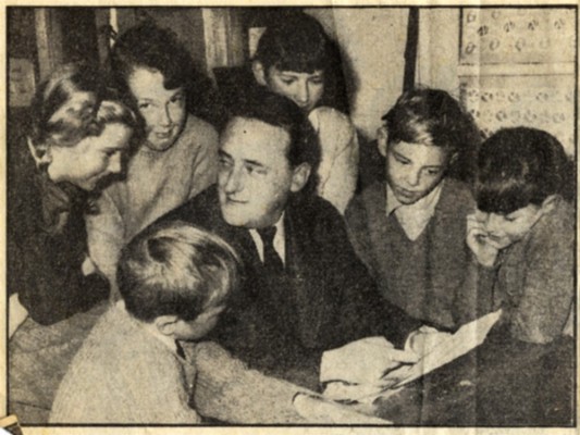 Muston children with E.W.Hildick, children's author and husband of village school mistress, ca1955