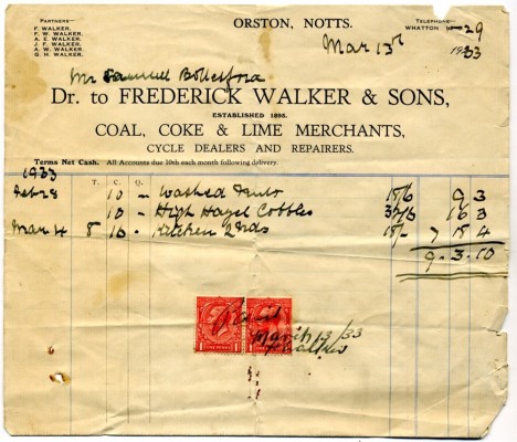 1933 receipt for the first load of coal