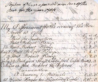 Extract from the Muston Overseers of the Poor Account Book 1730 -1786  Stephen Oliver appointed Overseer of the Poor for the year 1784. October 13th Paid Richard Wilkisson's examination 1 shilling