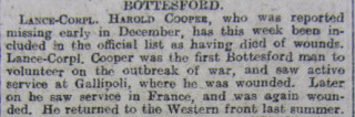 Thomas Harold Cooper's brief obituary notice published by the Grantham Journal on the 2nd February, 1918. | Courtesy of the Grantham Journal