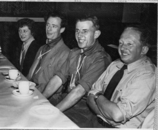 1956_Party 1st birthday party in 1956 after Jay Howitt became Scoutmaster. Rene and Jon Tritton, Jay Howitt and Mr W.E.B. Read - the Grantham District Commissioner