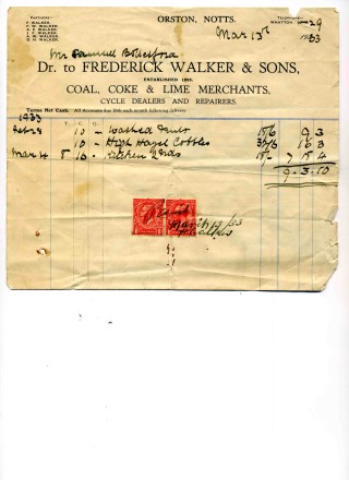 1st_Coal_Invoice077 1933 receipt for the first load of coal Tom Samuel purchased from Frederick Walker and Sons, coal, coke and lime merchants at Orston