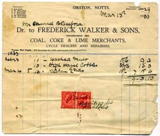 1st_Coal_Invoice077crop 1933 receipt for the first load of coal Tom Samuel purchased from Frederick Walker and Sons, coal, coke and lime merchants at Orston