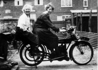 2_women_on_bike_A4_crop Granny on Uncle Edgar's bike (a Royal Enfield) with my Auntie Blanche, the wife of Granny's son, my Uncle Mod.