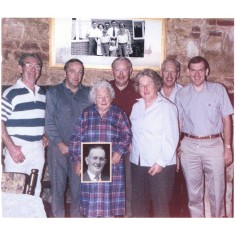 A6_BOLLAND_FAMILY Collage made from family weekend photo 1995.From LH George,Ray,Rhoda (mum d2003),Tony,Jean,Jeff and Ken. Small inset photo Joe(dad d1965). Picture above (in frame) family at North Crescent early 1950s