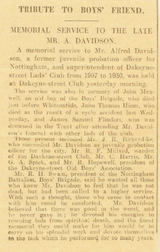 ADA_Davidson_06 Press report of a Memorial Service for the late Mr Alfred Davidson.