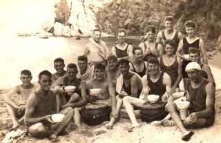 Arthur and mates taking a break at Gibralta, 1922-1924: Arthur Bradshaw at R of second row.
