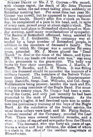 Newspaper report of the funeral of John Thomas Cooper in 1904