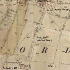 Belvoir_Rd_crop_mill Map showing site of Bottesford Mill on Mill Lane, now Belvoir Road