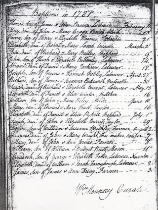 Bott1781births_Mounsey Bottesford Baptisms, 1781, signed by William Mounsey