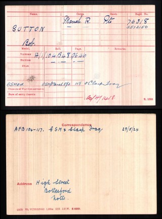 BritishArmyWWIMedalRollsIndexCards1914_1920ForSuttonBob Bob Sutton