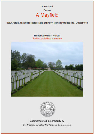 CWGC3 Arthur Mayfield lies next to the children's playground on the left hand side boundary of the Roclincourt Military Cemetary on the Somme. CWGC