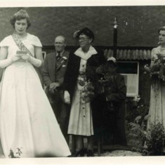 Crowning of the Festival of Britain Queen in 1951 in front of the Bottesford VC Memorial Hall: Left to right: Mr Heath, Dorothy Calcraft, Mr Gale, Mrs Gale and Margaret Waudby