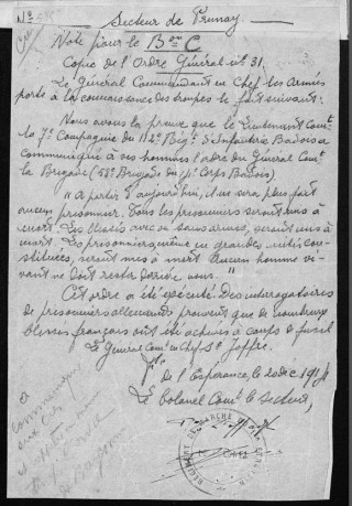 General Joffre's order, 20th December, 1914 for the killing of all German prisoners and wounded in reprisal for the shooting of French prisoners by the Germans. The precision of Joffre's order is chilling: 