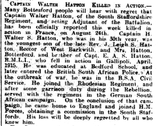 HWS Hatton Obit GJ 7_9_1918 Captain Horace Walter Smeathman Hatton Grantham Journal Obituary | Courtesy of the Grantham Journal
