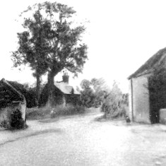 Grantham Road from The Red Lion c. 1900. The building on the left is the forge. Beyond that the School Master's House can be seen. On the right is Daybell's barn.