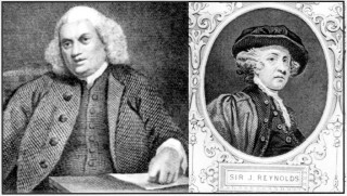 Left: Dr Samuel Johnson from a portrait by Sir Joshua Reynolds, engraved by E. Mitchell  Right: Sir Joshua Reynolds, steel engraving