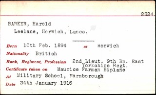Pilot Certificate record card for 2nd Lieut. Harold Barker, 9th Battalion, East Yorkshire Regiment.