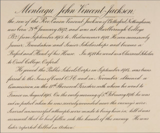 MVJ_RoH Marlborough College WW1 Roll of Honour entry for Montagu Vincent-Jackson