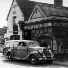 Mr Hurn's Shooting Brake outside Monty's Stores, 1950.