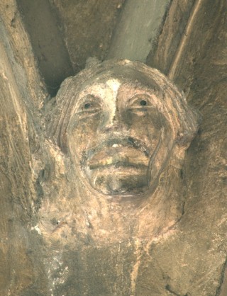 A  woman's face, gazing upwards but in a state of torment.