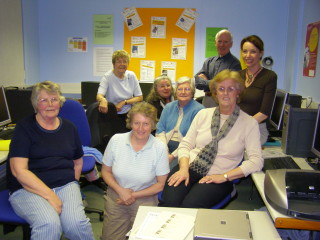 I.T. Training. Left to right: Denys Cave, Betty Woodburn, Angela Marsh, Kate Pugh, Dorothy Baines, Tony Taffs, Peggy Topps, Carole Cathro
