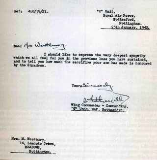 Photo3_Ch3_702LR Letter of condolence to Mrs Westbury of Nottingham following the loss of her son on the night of 14th January 1942.