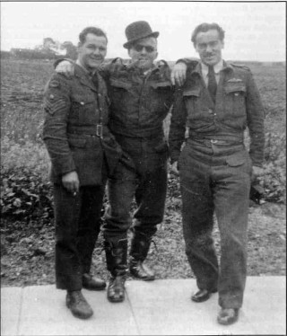 Three Amigos! Canadian F/Sgts Bob Weatherall and 'Bill' Blair (in 'tycoon' guise) with F/Sgt George Hawes RAAF. As his diary entries show, Bob Weatherall was hit hard by the death of his hut companions | ©️Vincent Holyoak