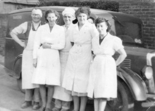 H. Simpson and Sons Bakers - staff outside the bakery on Devon Lane, Bottesford in 1950. Left to Right - Tom Simpson, Winifred Claricotes, Cecil Briggs, Kathleen Langton and Emily Rayson