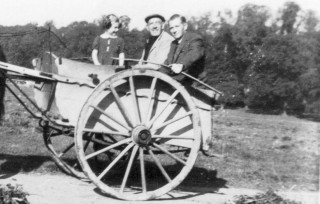 Trap_at_Belvoir_1940s_crop_1 In the trap at Belvoir, 1941. Joy with father, Frank Baggley, and right, Mr. Chettle, R.H.S. Belvoir Farm Manager.