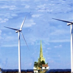 Turbines_with_no_text_enhanced Top Mill, approximately 90 ft, 8 wind turbines proposed for 'Palmer's Hollow', adjacent to Palmer's or Beacon Hill, approx. 300ft, St Mary's spire, approx 200 ft, 10 wind turbines proposed for Thackson's Well, approx. 400ft.