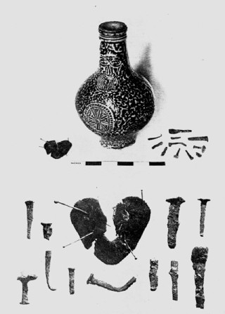 bell_2 A Witch Bottle and its contents found on a Thames beach in London in 1926.